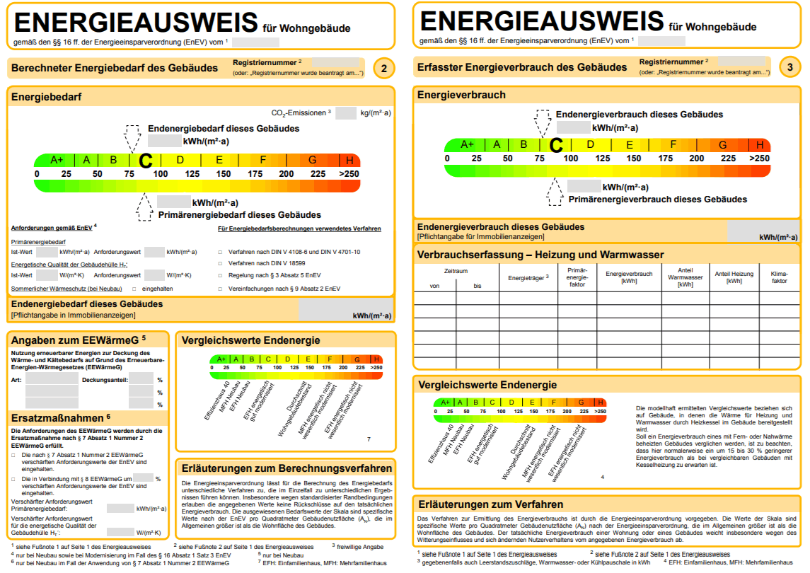 Muster für Energieausweis: Bedarfsausweis und Verbrauchsausweis