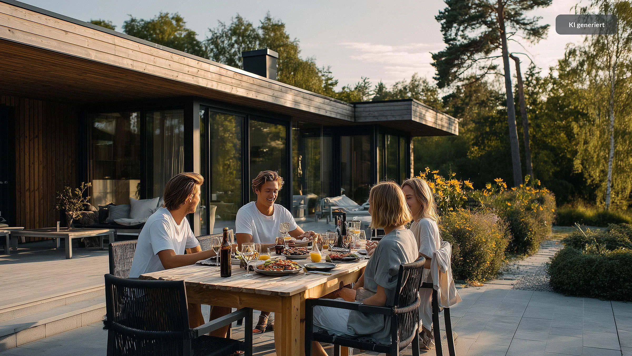 Junge Menschen genießen einen Grillabend mit Freunden im Garten der eigenen Immobilie.