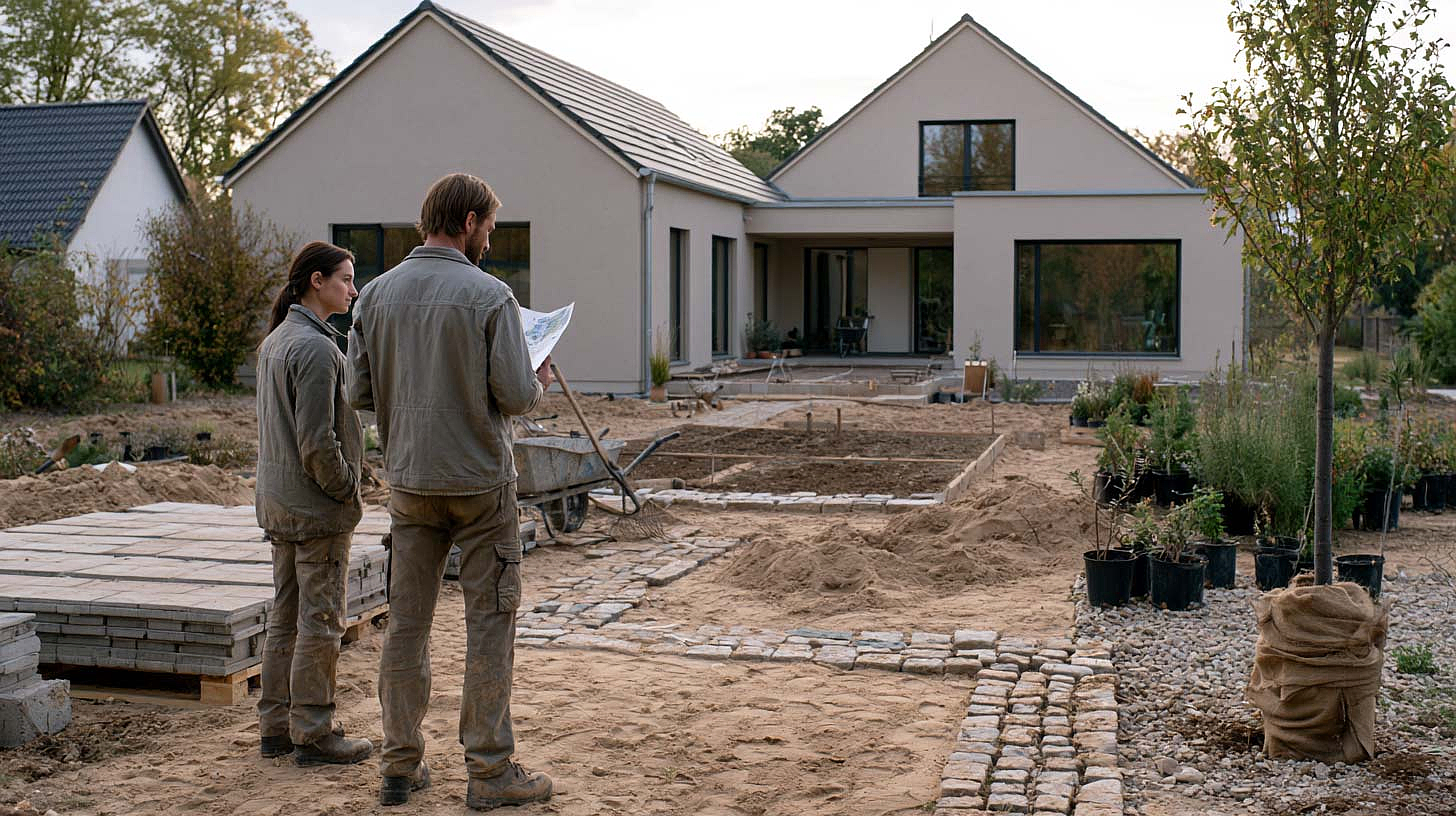 Gestaltung von Außenanlagen mit Terrasse, Einfahrt und Begrünung
