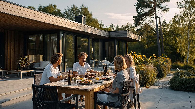 Junge Menschen genießen einen Grillabend mit Freunden im Garten der eigenen Immobilie.