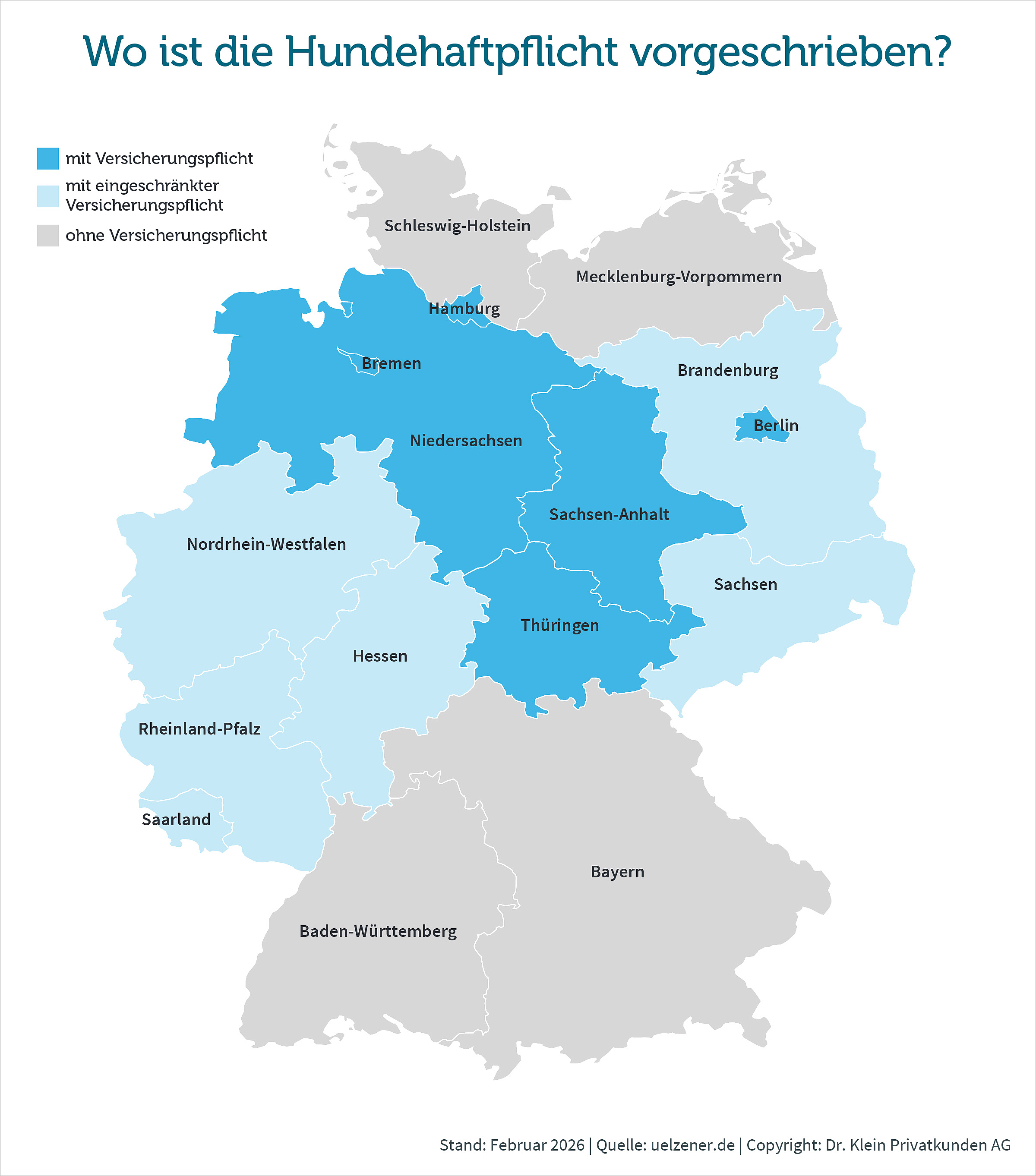 Die Grafik zeigt, wo eine Hundehaftpflichtversicherung in Deutschland verpflichtend ist
