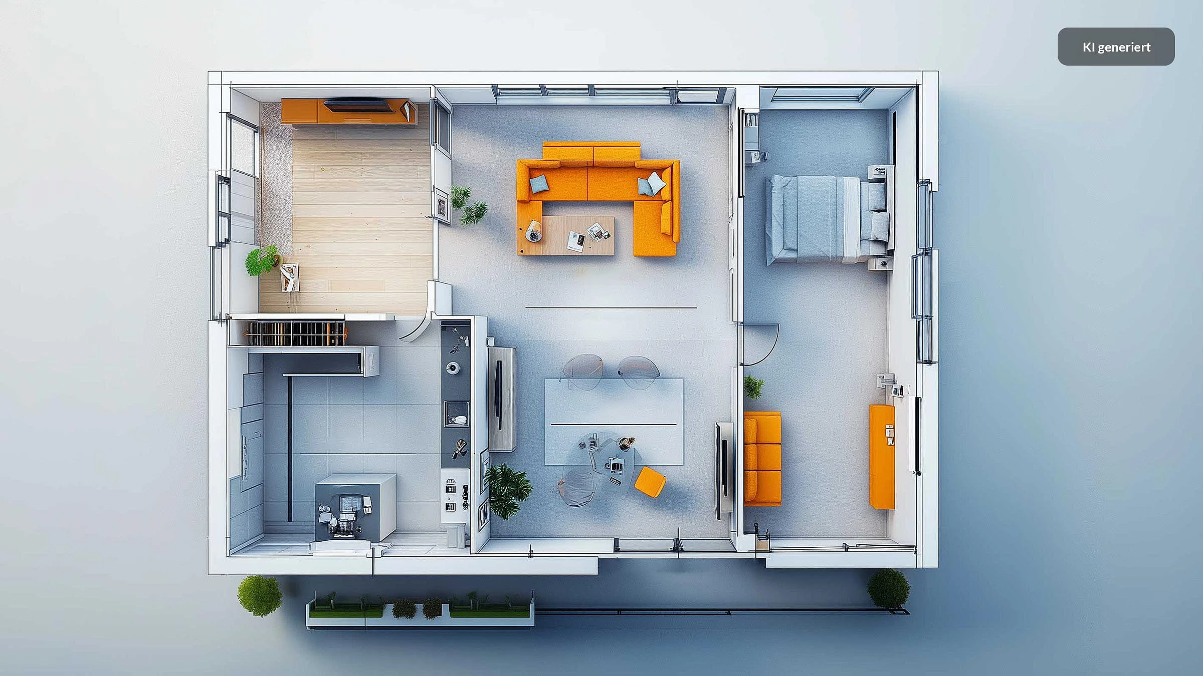 Grundriss einer Wohnung mit verschiedenen Räumen.