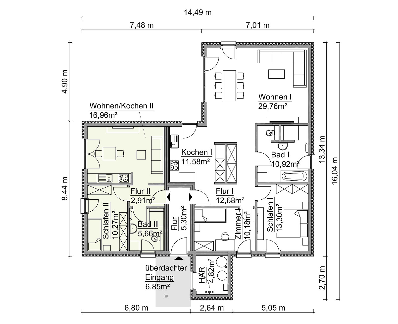 Grundriss eines Hauses mit Einliegerwohnung