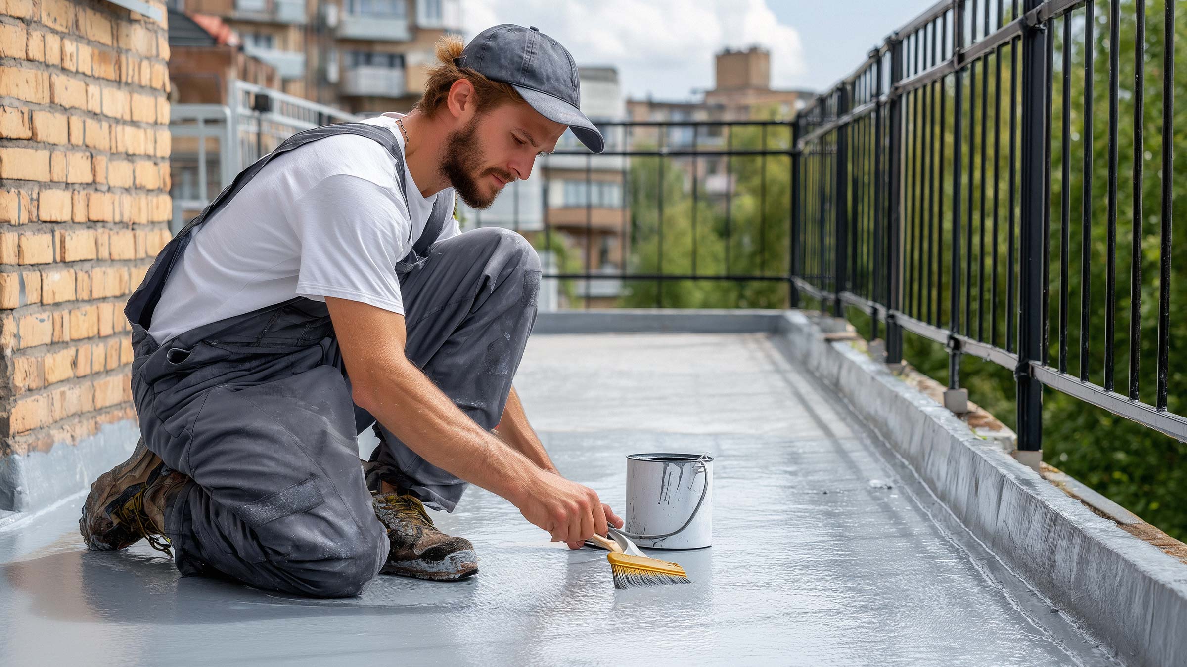 Ein Handwerker bringt eine Beschichtung auf dem Balkon an