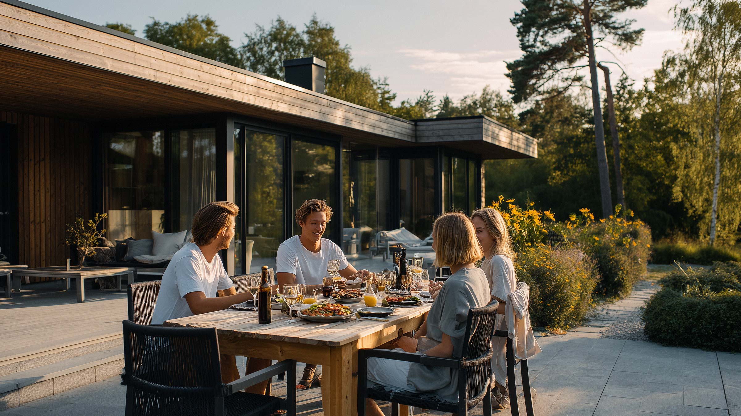 Junge Menschen genießen einen Grillabend mit Freunden im Garten der eigenen Immobilie.