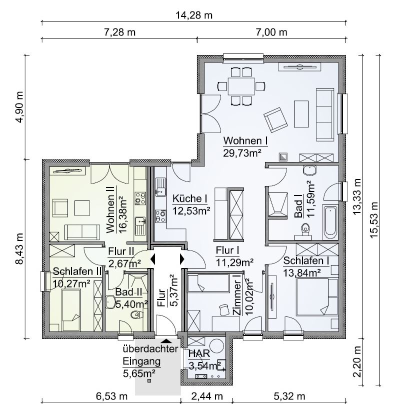 Grundriss eines Hauses mit Einliegerwohnung